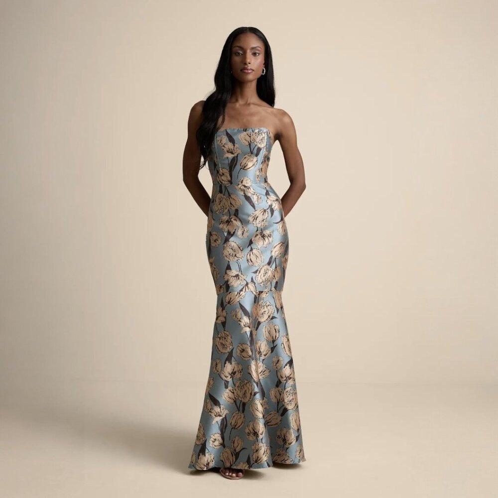 Lulu's Strapless Blue and Gold Floral Maxi Dress